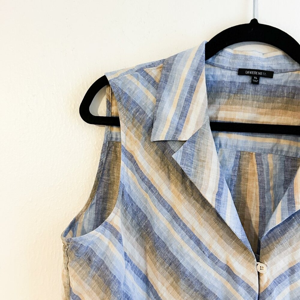 LAFAYETTE‎ 148 100% Linen Stripped Sleeveless Button Up Tie Front Shirt - Picture 2 of 6